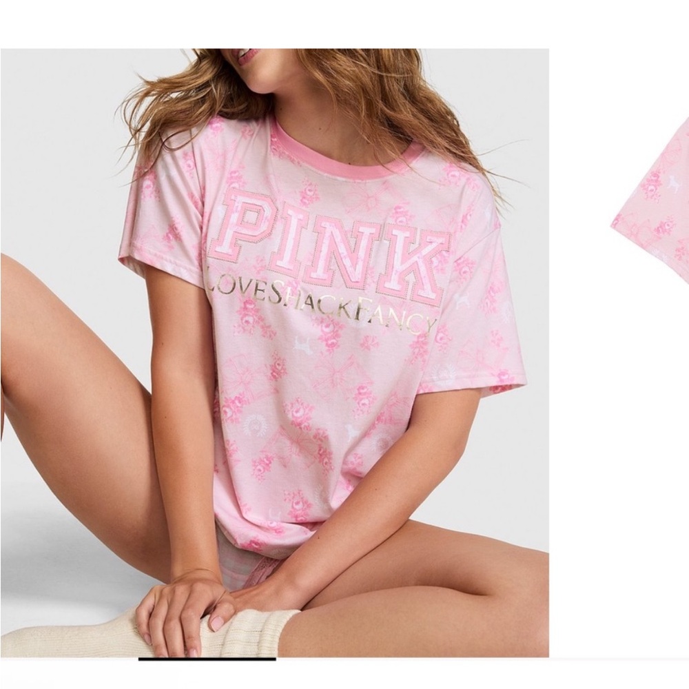 Victorias Secret PINK X LOVESHACKFANCY CAMPUS COTTON TEE Beaux Icons Small
